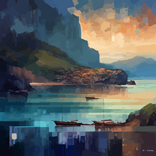 atmospheric coastal landscape, rich dark blues, warm browns beiges greens, lights from a distant marina, watercolors, dripping colors, vector, style of Yoann Lossel, Erin Hanson, Leonid Afremov, Makoto Shinkai
