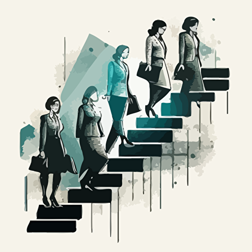 vier frauen in der top etage, als ceo, sie steigen eine treppe einer grafischen primade hoch und sind an der spitze, detaierte vector illustration