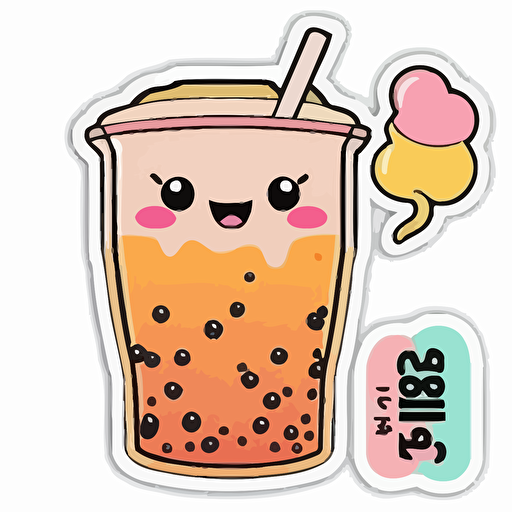 kawaii [pink, orange and yellow] boba tea [happy face] diecut sticker, adorable, neon colour, digital art, vector, white background, detailed