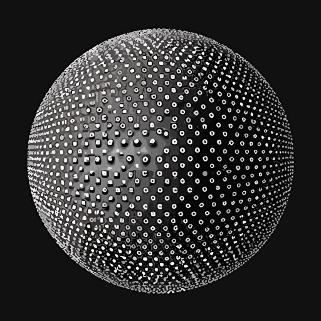 A dot matrix sphere with dozens of different sized dots, not symetrical, no shading, vector illustration