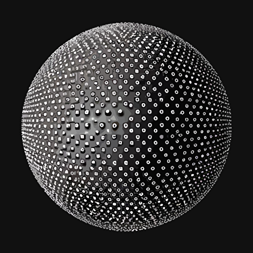 a dot matrix sphere with dozens of different sized dots, not symetrical, white, no shading, vector art, black background