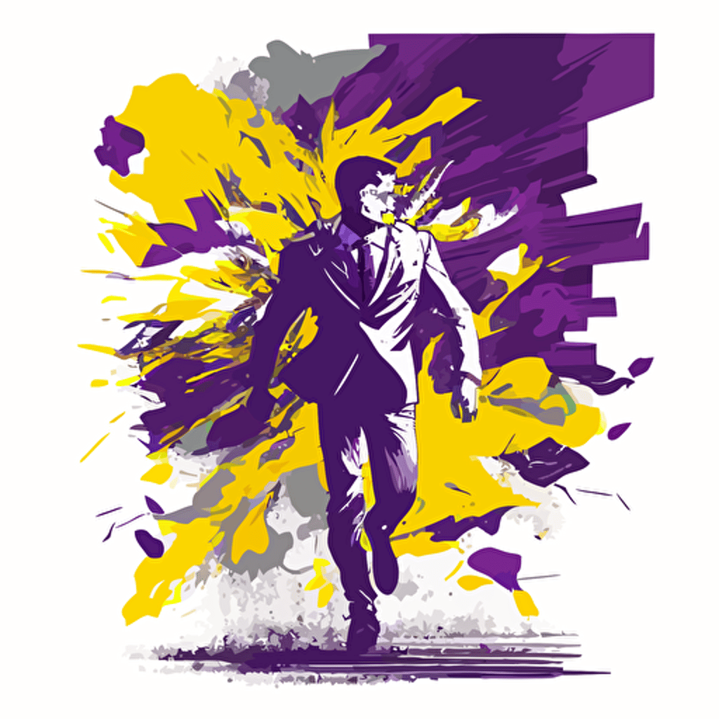 Modern, vector, illustration of heroic person following dream and business. In colors purple, yellow, gray and white.