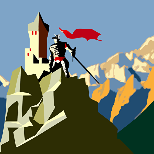 The knight front of a castle which is on montain, vector stly