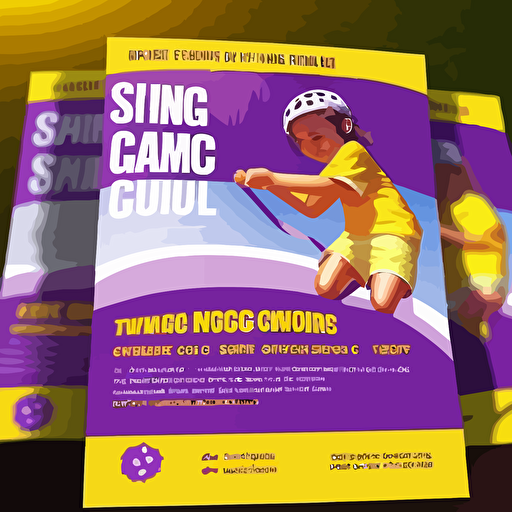 design a fun and engaging single sided A5 flyer for a children sports coaching company promoting their summer sports camp. Brand colours are purple, yellow and white. Include images/vectors of children playing, space for details, pricing, venue, time, booking info etc