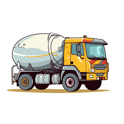 concrete mixer truck, simple forms, 2D vector style, cartoon, white background, side view