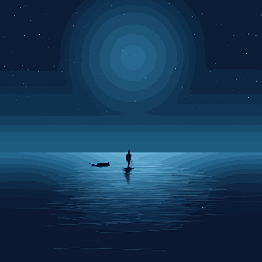 a sillhouette of a large fishin the ocean at night, moonlight in the background, minimalist design, vector
