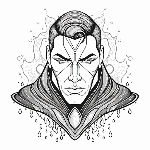 a water drop superhero bust, minimalism concept art, vector draw, black and white, coloring page, outline only, intricate details, powefull, inspiring