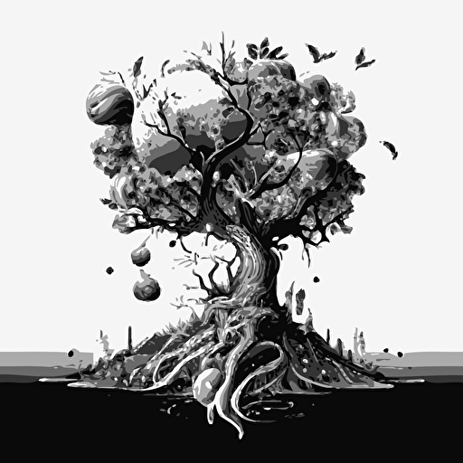 black and white vector image of magical fruit tree decaying