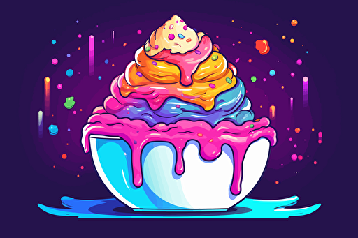 vector flat illustration of a delicious ice cream sundae with rainbow colored sprinkles and acid art style sauce in neon colors