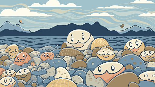 a vector design for a place called happy clam land showing happy clams on a maine bayfront rocky shoreline