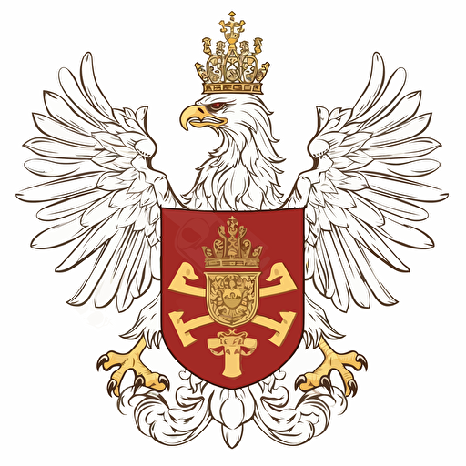 vector symbol of white eagle with golden crown without any additional elements under white tail and on the eagle's body, giant, winning, modern, placed on red shield, similar to coat of arms of Poland, about year 1790