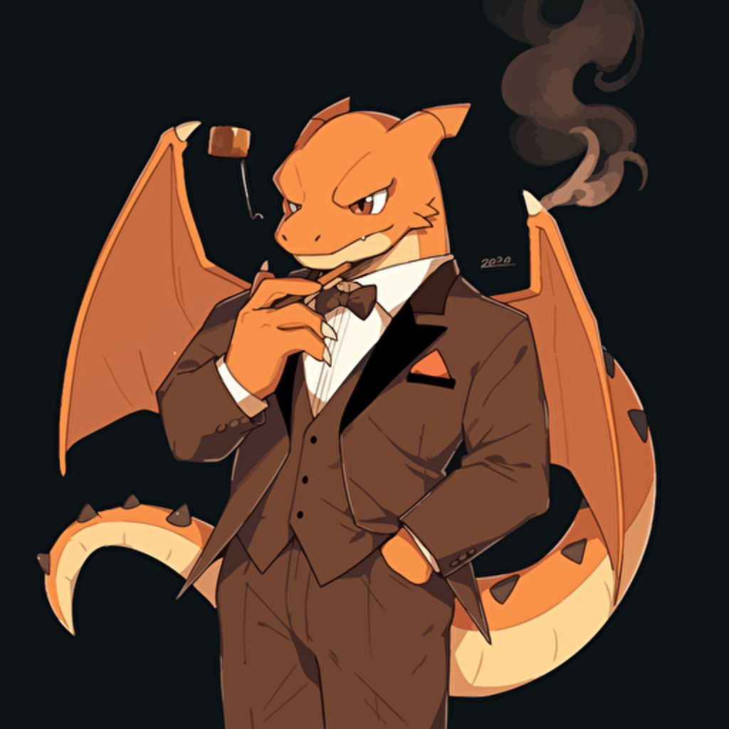 charizard wearing a suit, smoking a cigar, vector art, 2d