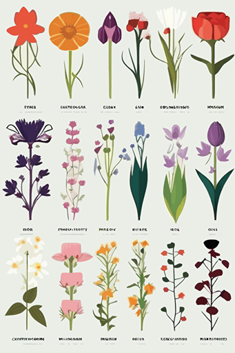 flat design, different types of flowers, miteinander verschlungen, 4 rows, white background, no shadows, vector