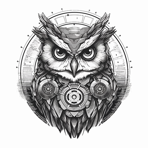 a grey scale vector logo of an owl mixed with technology