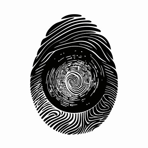 a futuristic pictorial iconic logo of a fingerprint interlaced with circuits, black vector on white background.