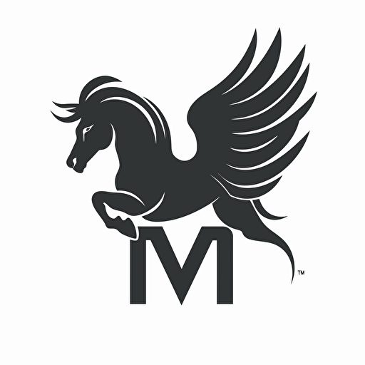 Vector image of M and Pegasus, logo art, brand logo, black and white, no background,
