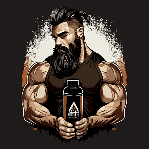 bodybuilder's upper body, beard, confident look, vector image, bottle design