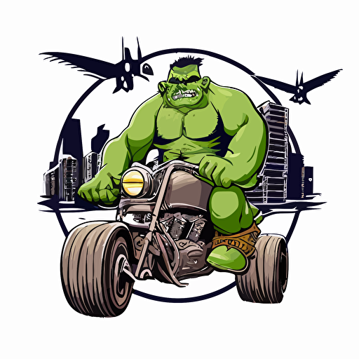 ogre riding a chopper in bad part of city, vector logo, vector art, emblem, simple cartoon, 2d, no text, white background