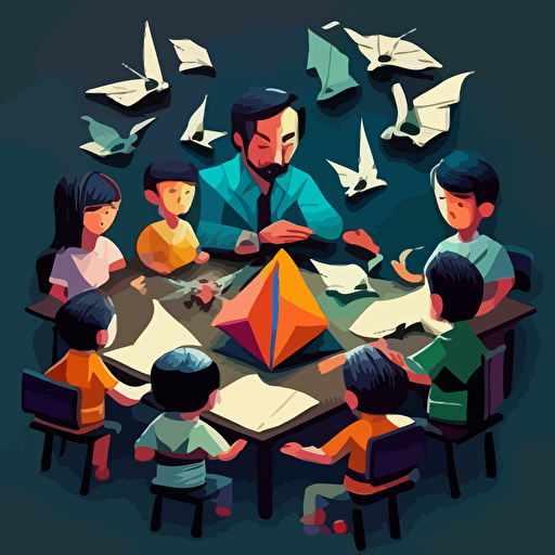 Influenced by the Japanese art of origami, create a vector illustration of Satoshi Nakamoto teaching a group of children how to fold paper cranes in a brightly decorated classroom. Set the scene during a fun and educational workshop.