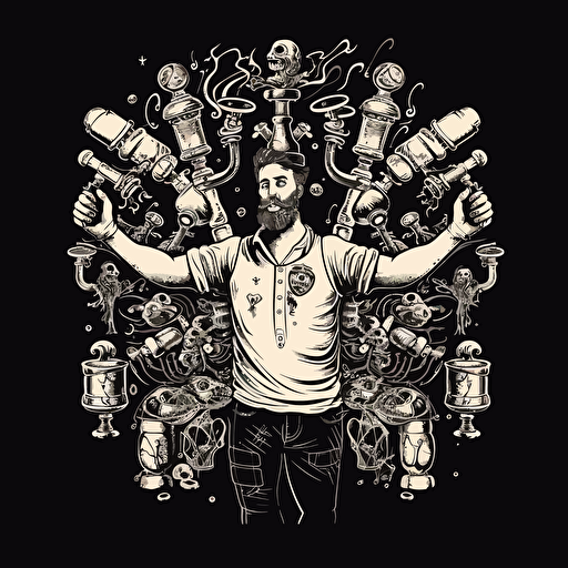vector logo, a multi-armed bartender, using all of his arms to pull every beer tap, lots of beer taps, pouring a lot of beer, fantasy art, black and white logo art, no background,