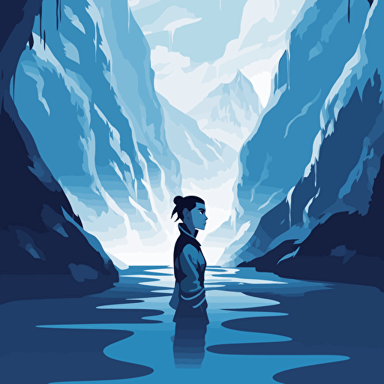 Vector illustration of Sokka, zoomed out in an ice cave, Aesthetics clean and minimalist, abstact water background, with dramatic lighting