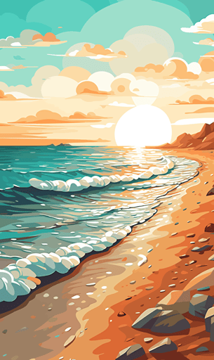 greek sea, sky, ocean, sand, blue and orange, vector style