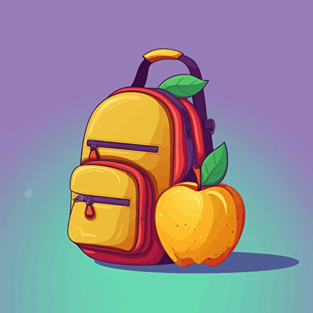 an illustration of an apple next to a backpack, stylized, vector art style, back to school style, happy colors