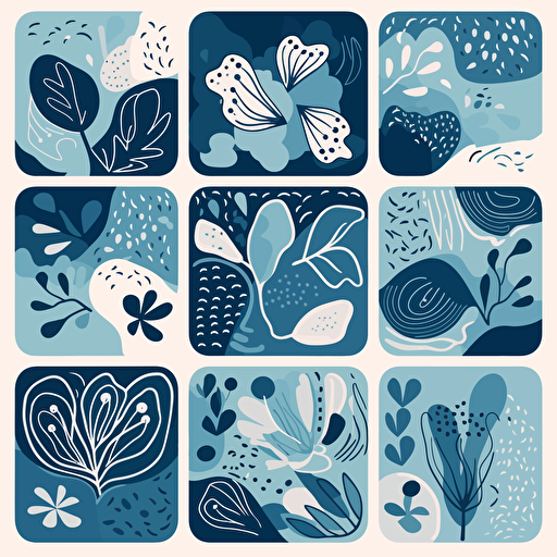 Matisse curves aestethic. Abstract flower art set. Organic doodle shapes in trendy naive retro style. Contemporary posters and backgrounds. Floral botanic vector illustrations in blue colors