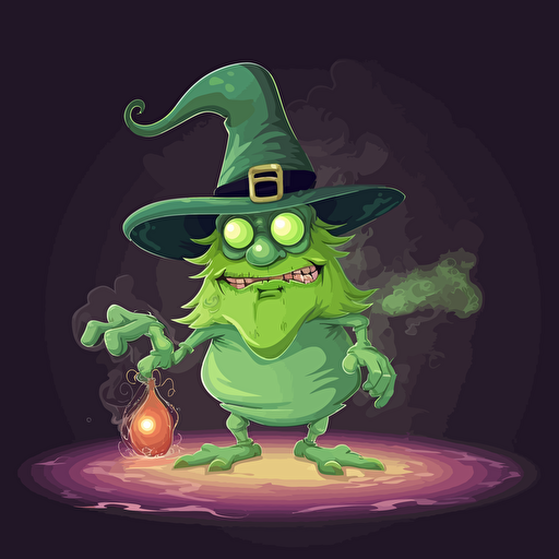 bruja verde monstruo haciendo una pocima magica, sombrero, fantasia, hongos, hierbas, mitico, interesante, detallado, vector HD