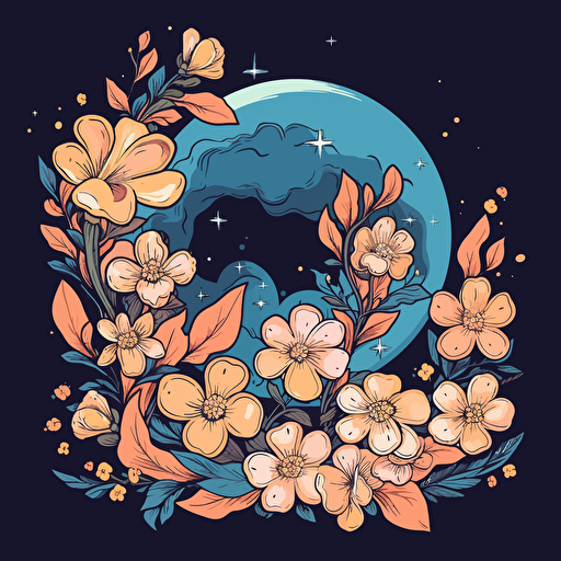 moon and flowers, cartoon, vector style