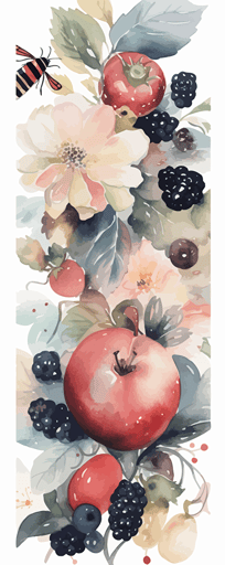 watercolor vector art, pastel colors,abstract, cozy, cottagecore, pretty stylish black picks strawberries, flowers, butterflies, apple trees, summer, bees,