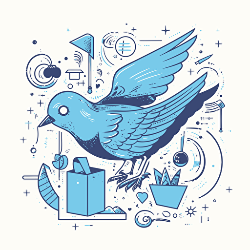 Blue bird flying over gift boxes holding a magnifying glass. doodle style vector minimalist