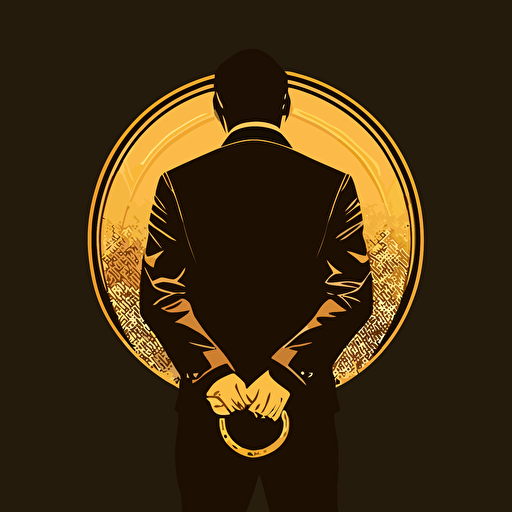 a close up of a man's hands in handcuffs behind his back, art deco, minimalist, vector, cryptocurrency style