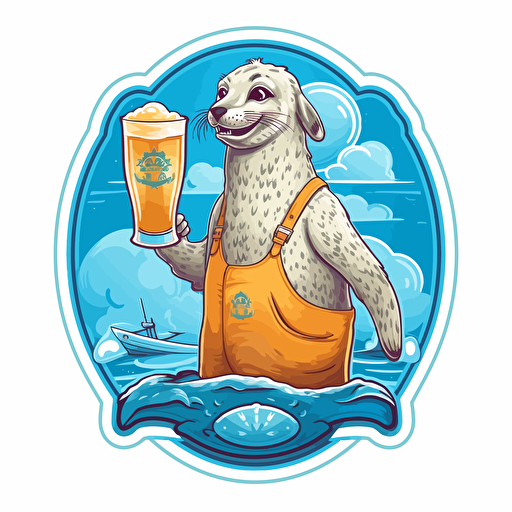 a seal in dungarees. He is a sailor. He looks happy and is holding a beer glass for a toast. Good weather clouds. Seagulls. 2D illustration vector based. Make this an emblem.