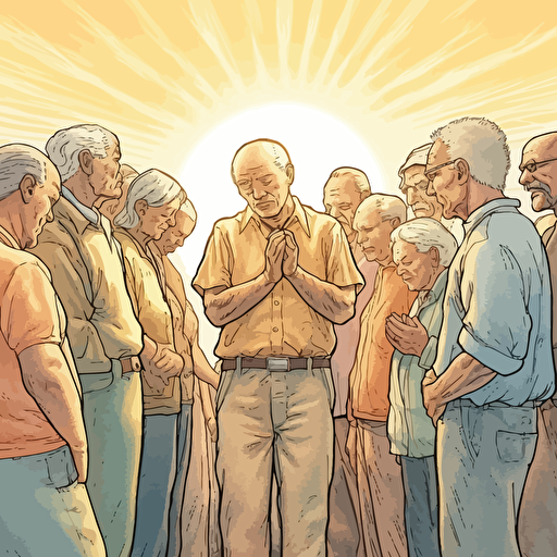 WIDE ANGLE shot. A warm sunny summer day nearing sunset as background, Vector art, softly colored. a small group of elderly modern day Christians have gathered casually to pray, They are huddled together praying with heads bowed and holding each other's hands facing the horizon as an angel spirit hovers above them, one of the guys has a bald head.
