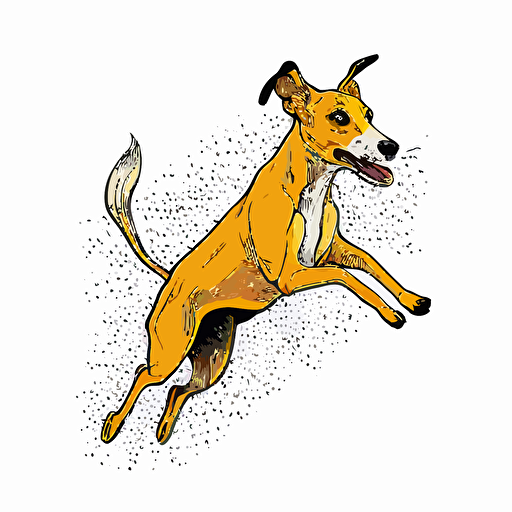 cartoon style, colorful. Image of Neka, the yellow greyhound with kind eyes, as vector with white background. She is jumping to the left