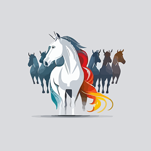 unicorn in a group of horses, vector logo, vector art, emblem, simple cartoon, 2d, no text, white background