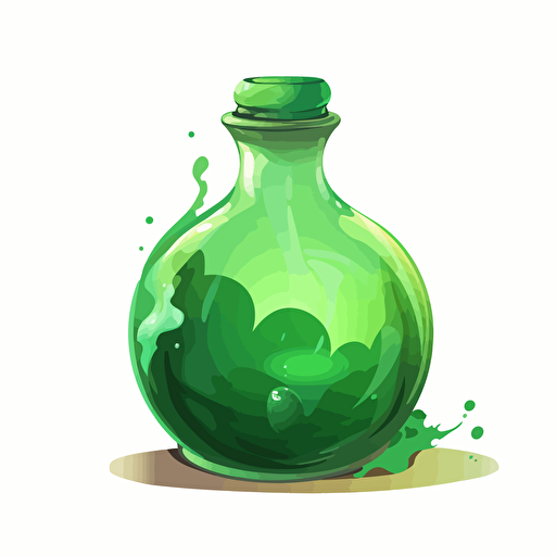 a magical bottle of green potion, vector, white bg