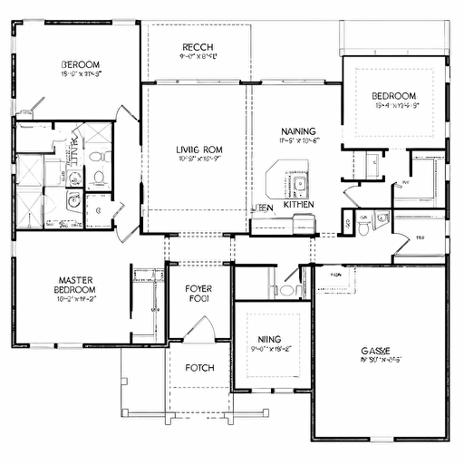 single family home floor plan only, CAD, 2D, simple vector drawing, 3 bedroom, 2 bath, 2 car garage, covered rear porch, black and white, accurate dimensions, code compliant