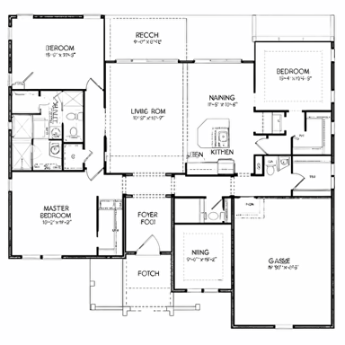 single family home floor plan only, CAD, 2D, simple vector drawing, 3 bedroom, 2 bath, 2 car garage, covered rear porch, black and white, accurate dimensions, code compliant