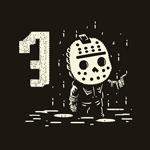 16bit jason Friday the 13th, white on black background, no shading, 2D, vector