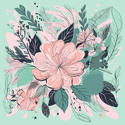 Draw a floral composition in vector art style, with stylized flowers and leaves in pastel tones, in tribute to Women's Day. The colors should be soft and feminine, such as light pink, lavender, and mint green. Frame the image with a 35mm lens and a front-facing perspective, highlighting the flowers and leaves in the composition.