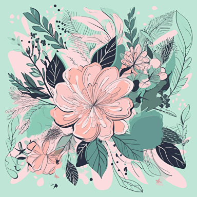 Draw a floral composition in vector art style, with stylized flowers and leaves in pastel tones, in tribute to Women's Day. The colors should be soft and feminine, such as light pink, lavender, and mint green. Frame the image with a 35mm lens and a front-facing perspective, highlighting the flowers and leaves in the composition.