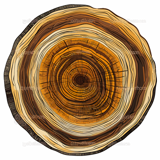 vector drawing of a cut tree trunk life rings in high resolution in brown, white and gold colors