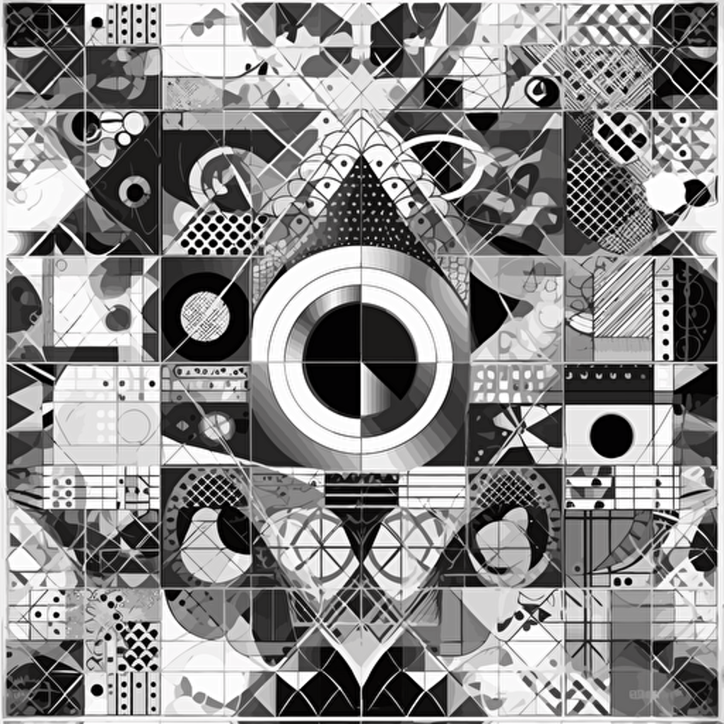 background made by circles, triangles and squares. Black and white. Vector. Futurism