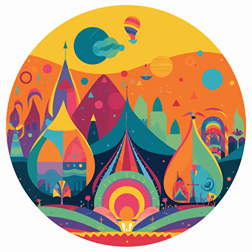 a round festival logo icon, colorful, flat bright colors only, no gradients at all, vector clean art, no shading