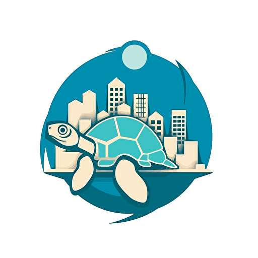 turtle with buildings embeded at its shell, circle logo, vector