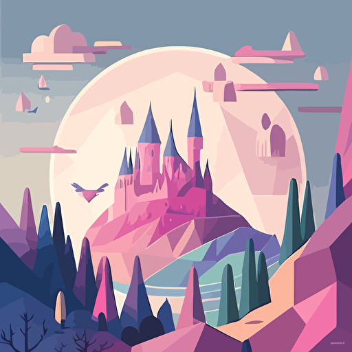 Flat vector art illustration, travel poster featuring, Hogwarts Castle, Pastel blues, purples, and pinks, Wide Angle, no text