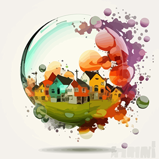 Several exploding transparent balls with a small town inside. Vector styling. Very colored. White background