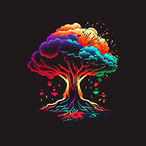 tree of life, dark background, RGB lighting, mushroom cloud, lava, logo, simple, minimal line, vector